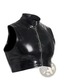 Black glossy vinyl cropped vest with high collar and front zipper men wet look pvc tank top