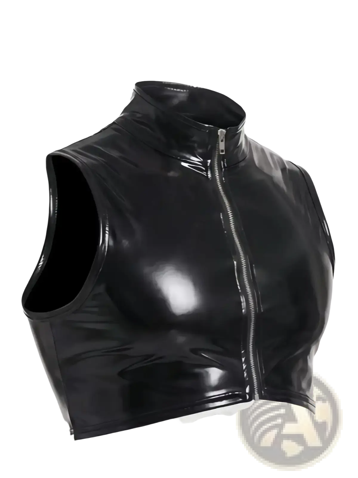 Black glossy vinyl cropped vest with high collar and front zipper men wet look pvc tank top