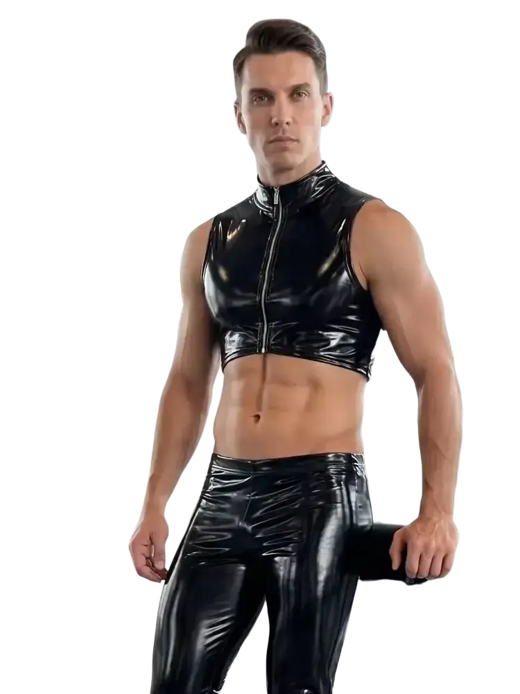 Black patent leather sleeveless men wet look pvc tank top with high collar and front zipper detail