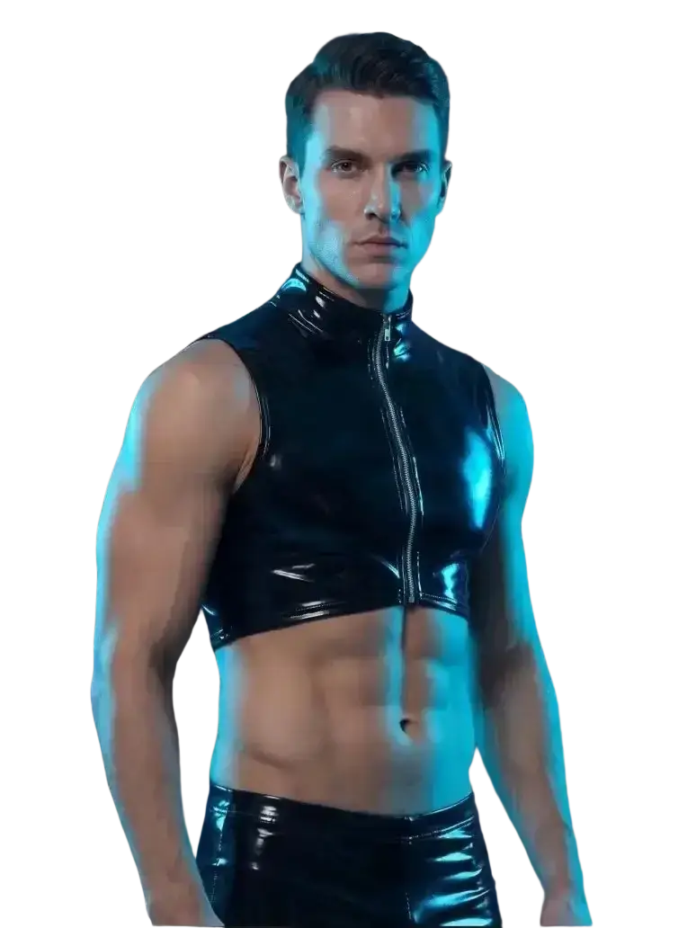 Black glossy men wet pvc tank top featuring sleeveless design, high collar, and front zipper in patent leather