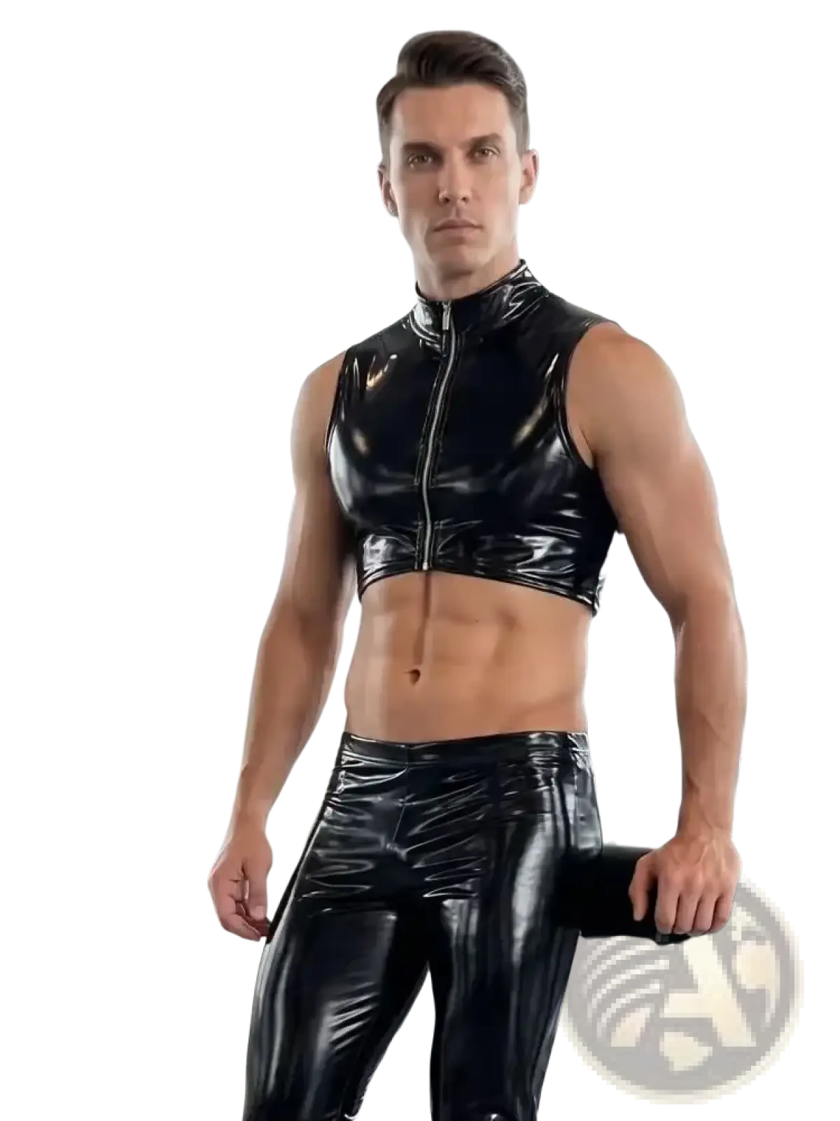Black patent leather sleeveless men wet look pvc tank top with high collar and front zipper detail