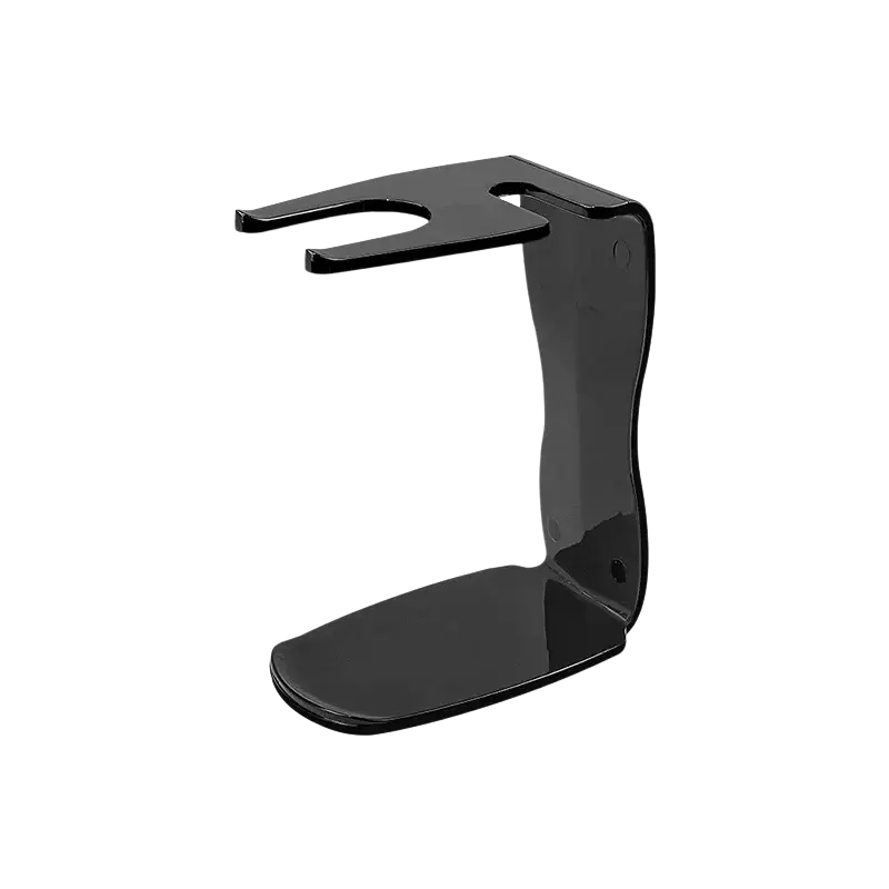 Black glossy metal shaving stand with dual razor slots and flat base for shaving brush and wet shaving bowl use