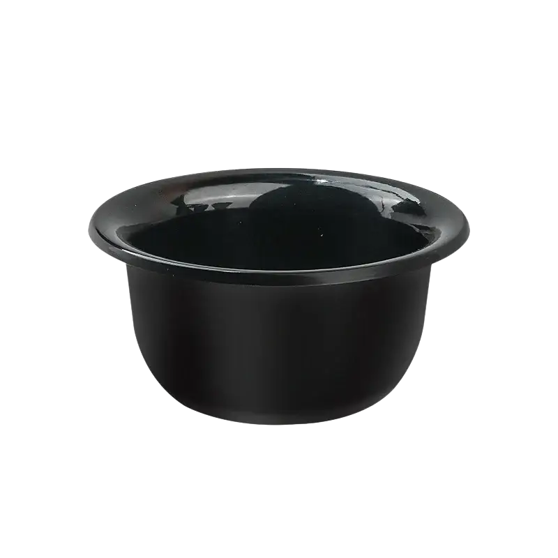 Black glossy plastic shaving bowl with wide rim and rounded sides for men wet shaving kit with shaving brush