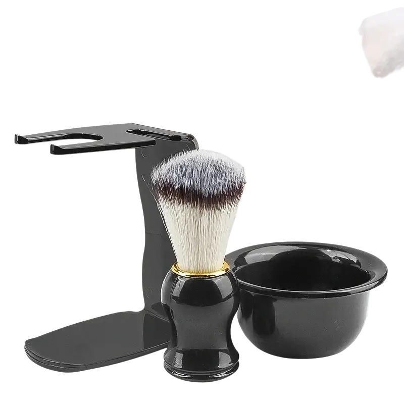 Black shaving brush with gold band and dense mixed white and gray bristles for wet shaving bowl kit