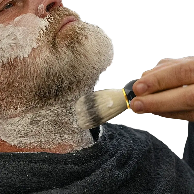 Black-handled shaving brush with dense two-toned bristles for wet shaving with shaving bowl included