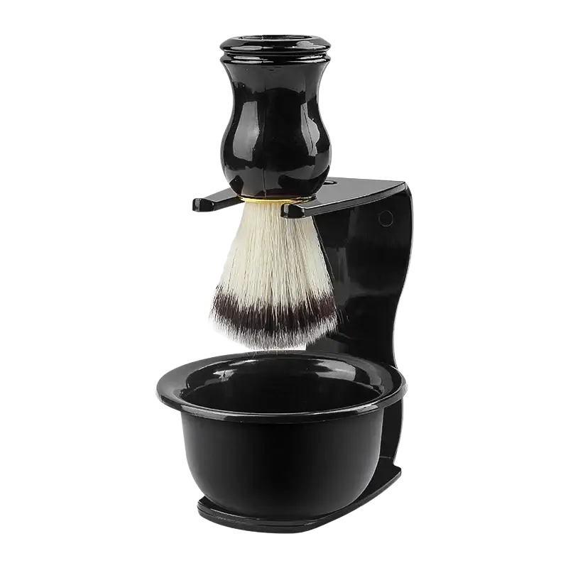 Black shaving brush with white and dark bristles mounted on black stand with integrated shaving bowl for wet shaving kit