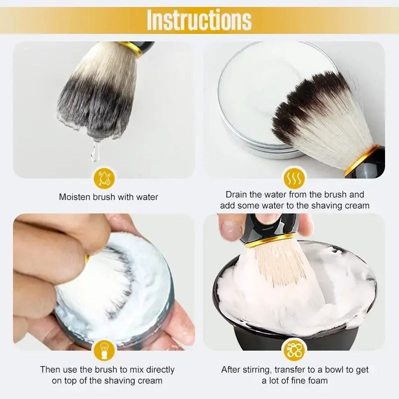 Black and white badger hair shaving brush with gold handle included in men wet shaving kit with shaving bowl