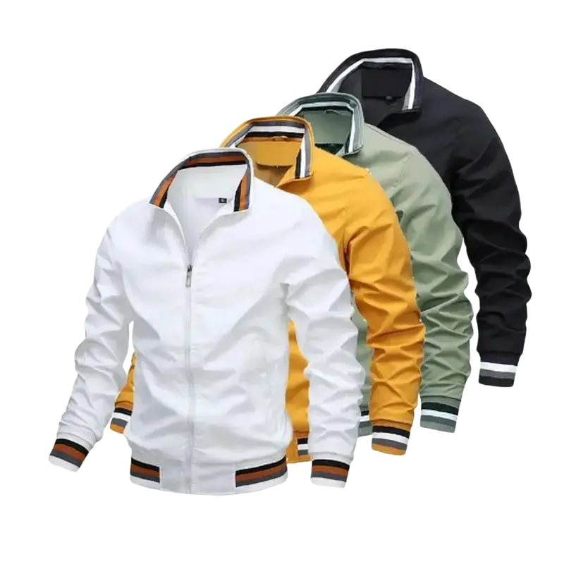 Men white casual spring bomber jacket with orange black and gray striped trim on collar cuffs and waistband