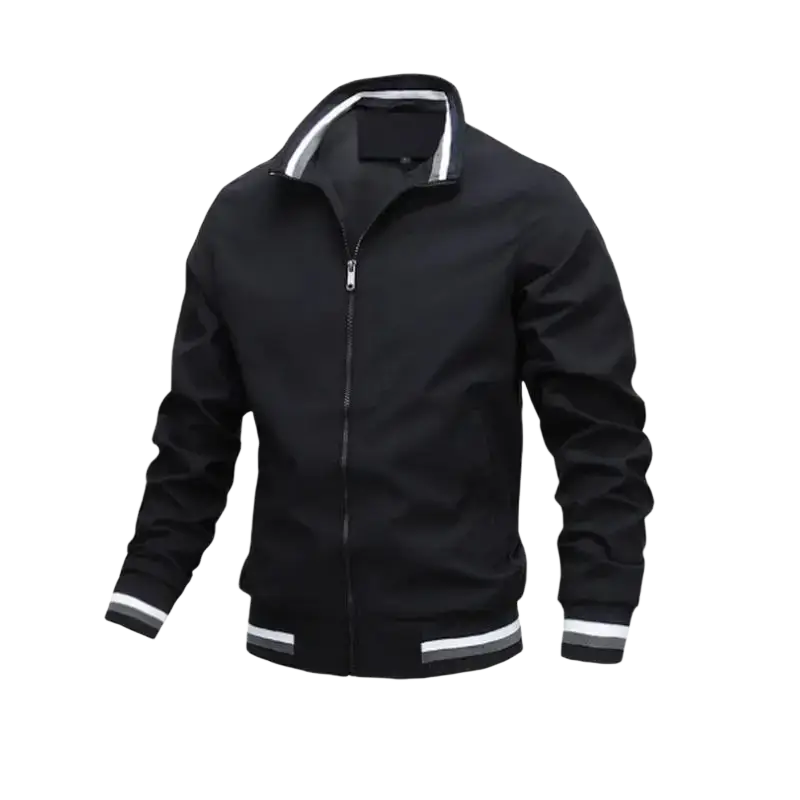 Men white casual windbreaker jacket with black zip-up bomber style and white gray striped trim on collar cuffs and hem