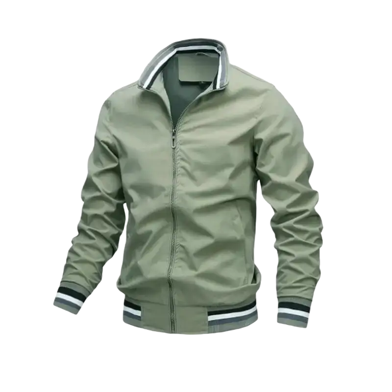 Men white casual windbreaker jacket with olive green bomber style and gray white striped trim on collar cuffs and waistband