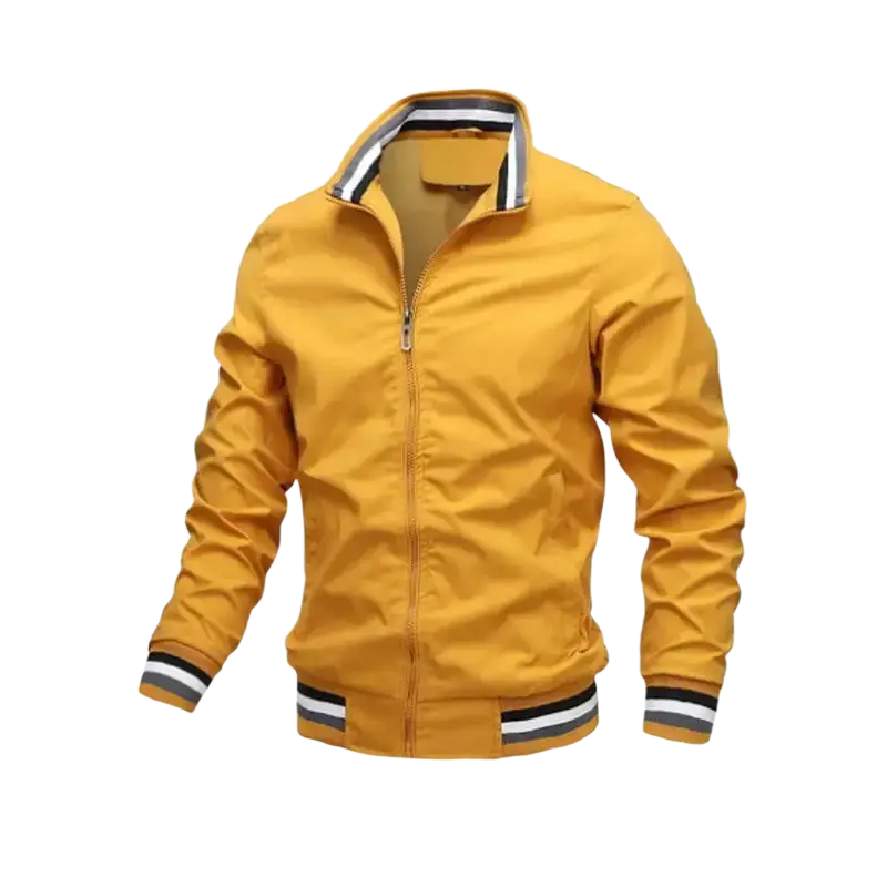 Men white casual spring bomber coat featuring a vibrant yellow bomber jacket with black and white striped trim