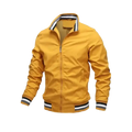 Men white casual spring bomber coat featuring a vibrant yellow bomber jacket with black and white striped trim