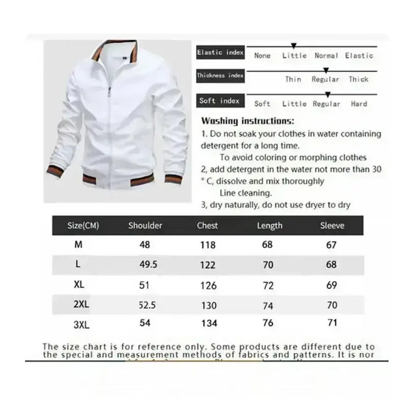Men white casual windbreaker jacket with contrasting brown trim on collar cuffs and waistband for spring wear