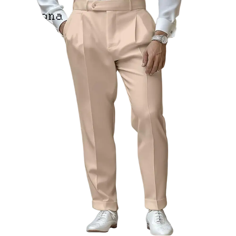 Men white formal suit pants plus size elegant beige pleated trousers with tailored fit and buttoned waistband