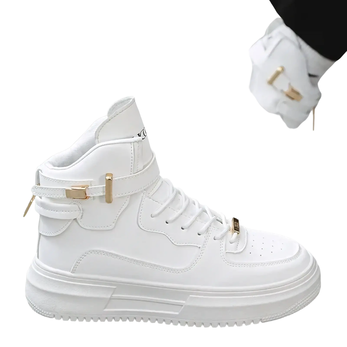 Men white high top sneakers with gold buckle and laces featuring sleek leather-like upper and chunky rubber sole