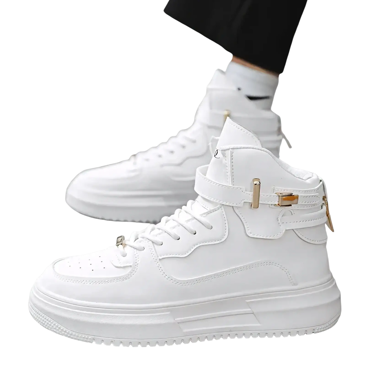 Men white high top sneakers with chunky sole and gold tone metal buckle accents for stylish casual wear