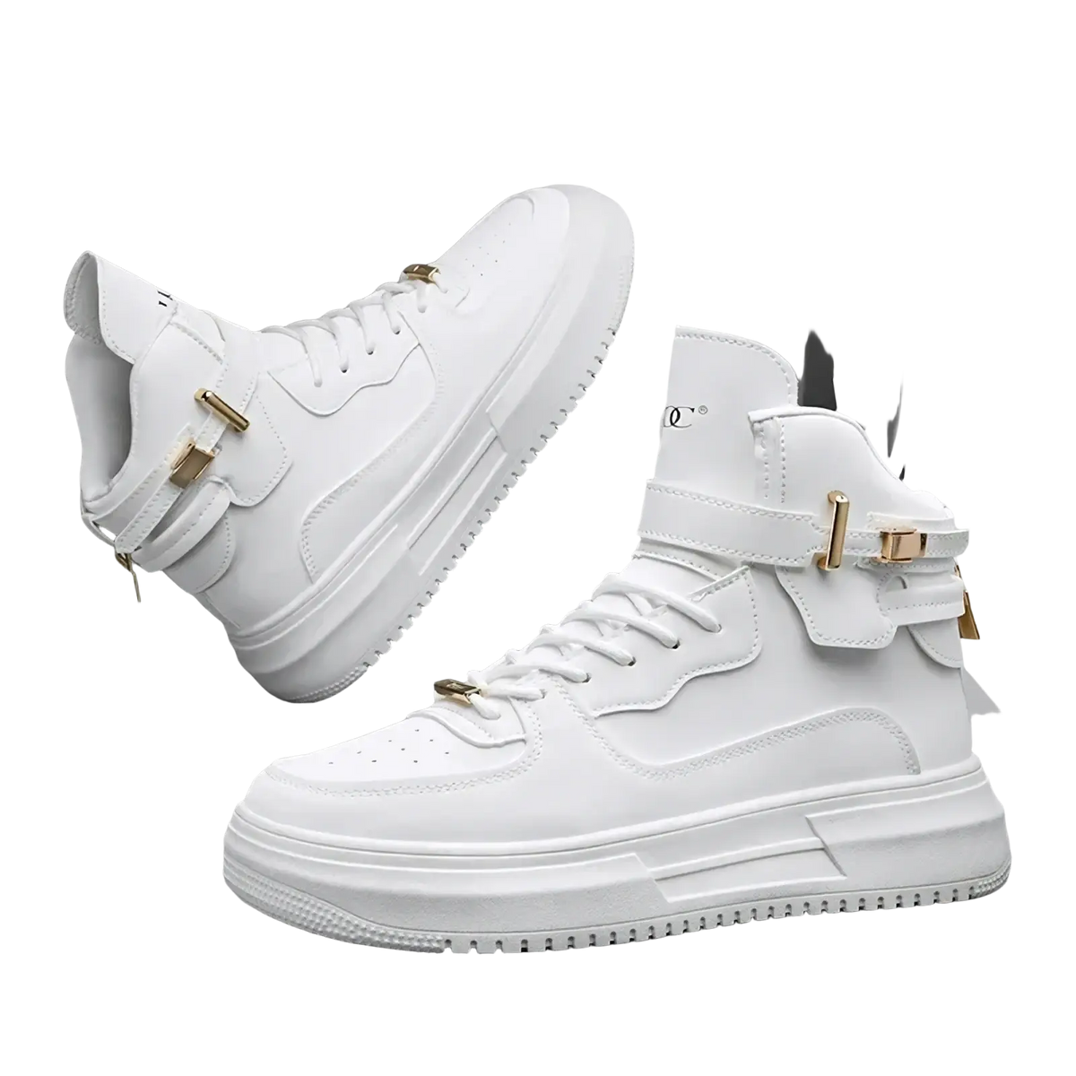Men white high top sneakers with gold-tone metal buckles leather upper and chunky rubber sole