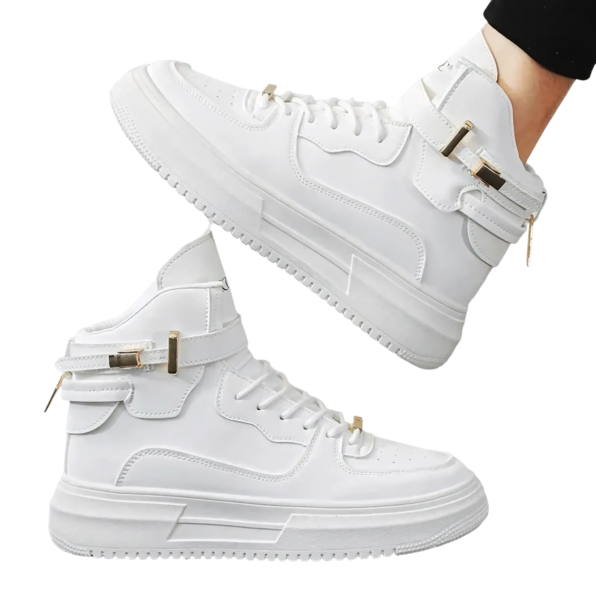 Men white high top sneakers featuring gold tone buckle accents and a chunky sole for stylish comfort