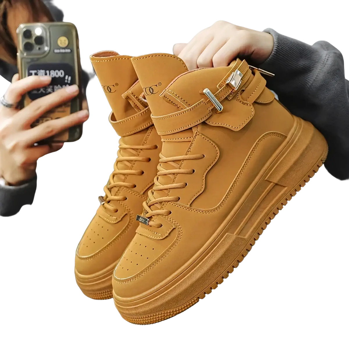 Men white high top sneakers with chunky gold buckle and tan adjustable strap details on tan chunky sole