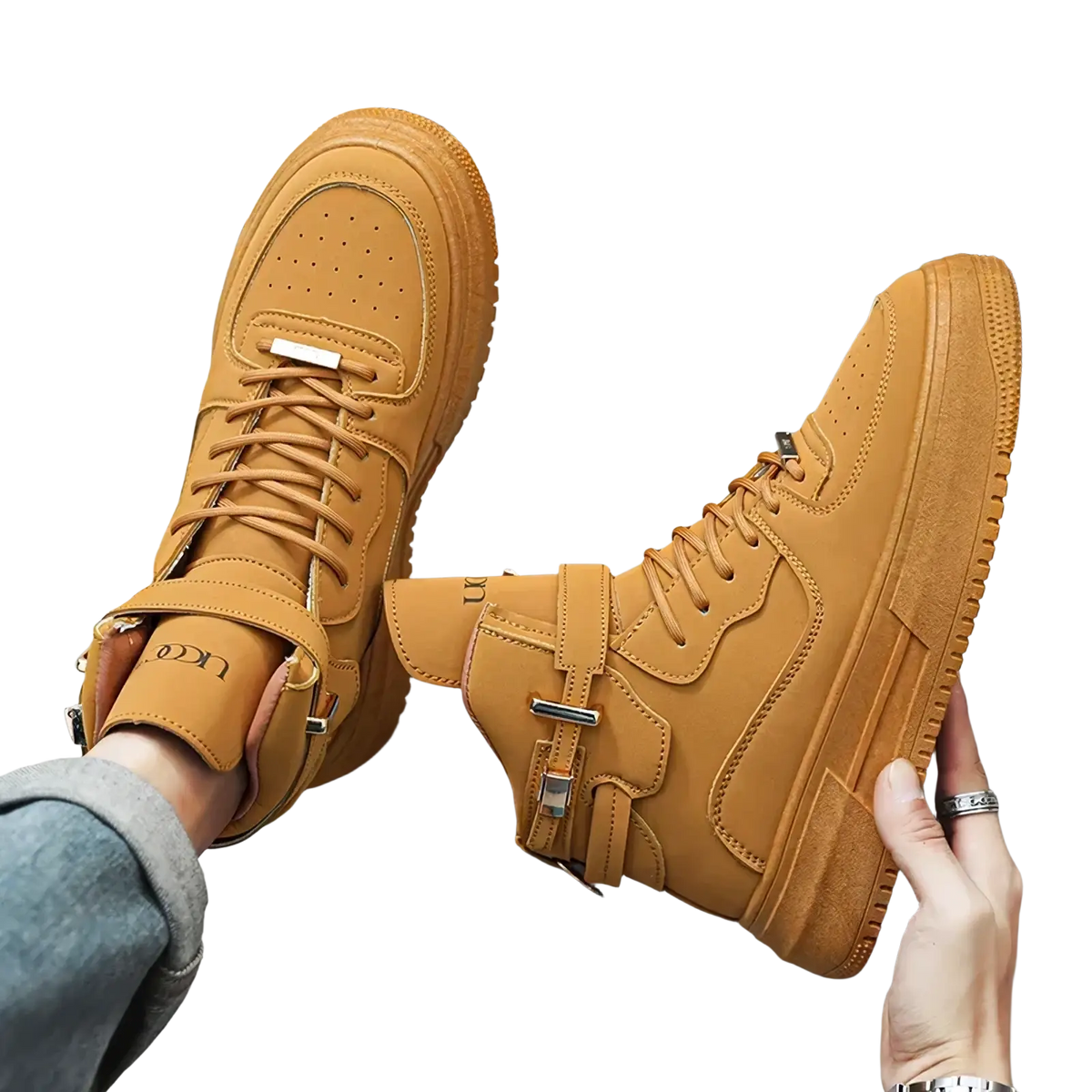 Men white high top sneakers with tan suede upper stitched detailing and chunky gold metallic buckle accents on the side