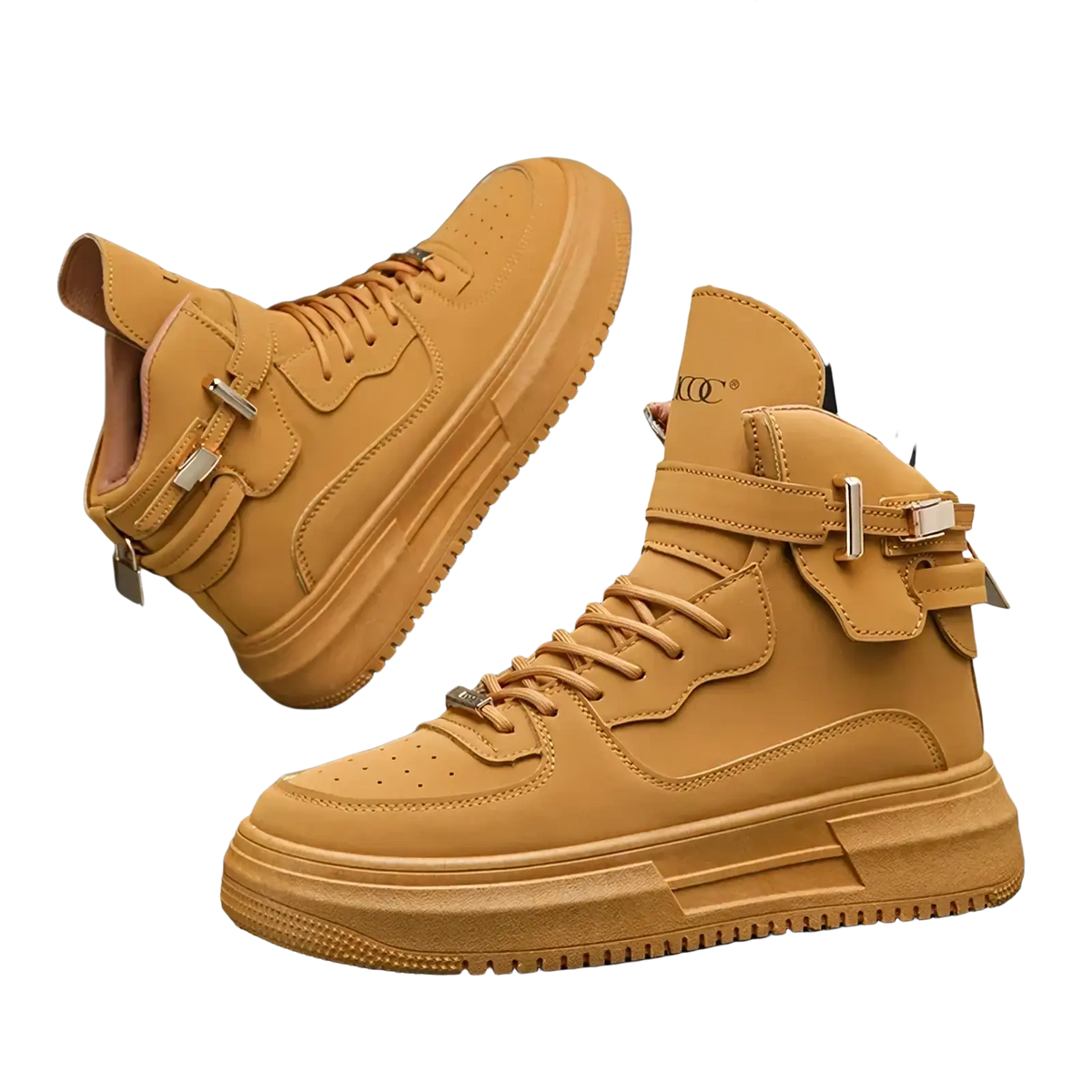 Men white high top sneakers with chunky gold buckle accents and tan leather upper for stylish casual wear