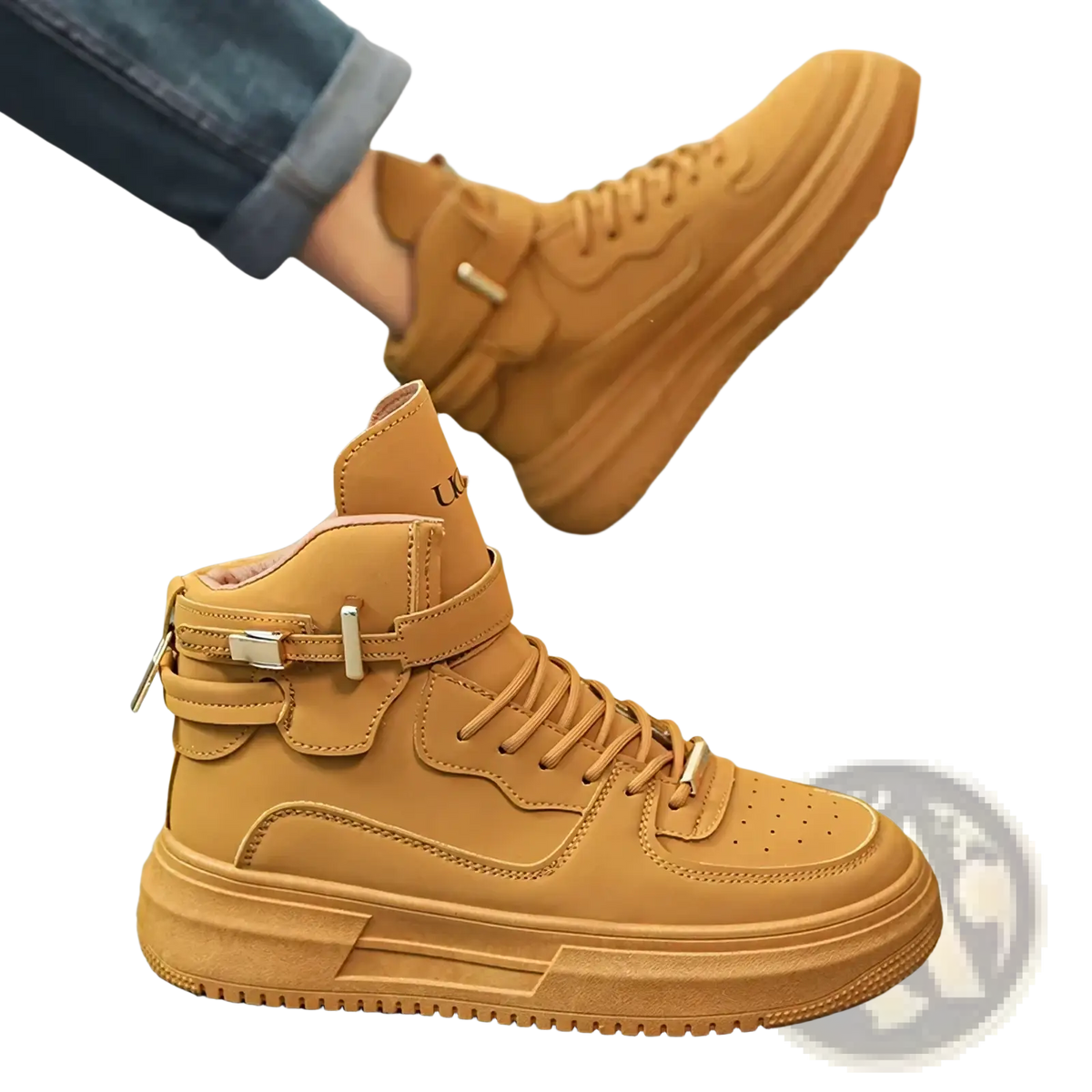 Men white high top sneakers with chunky sole and gold buckle featuring tan adjustable strap detail