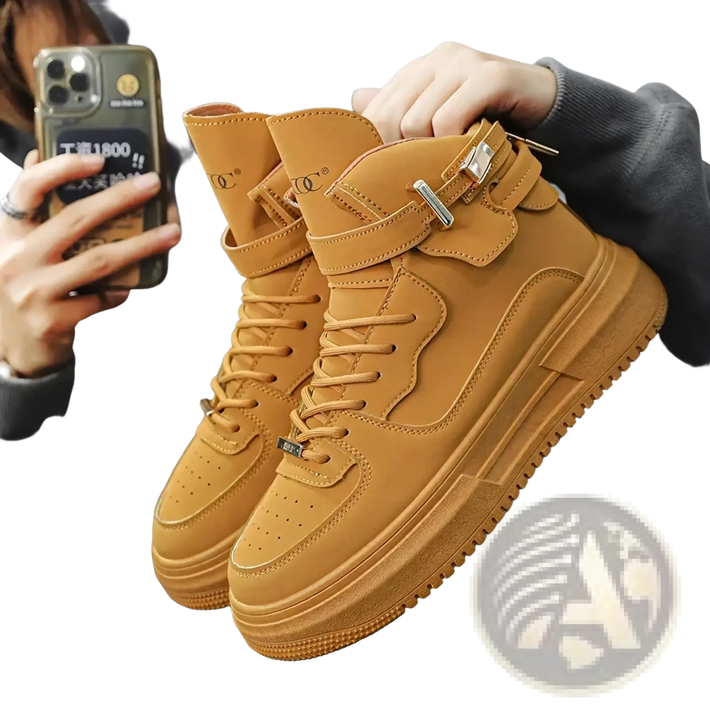Men white high top sneakers with chunky gold buckle and tan adjustable strap details on tan chunky sole