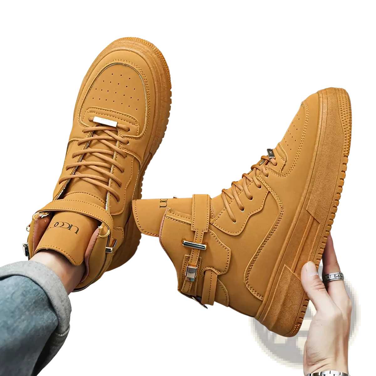 Men white high top sneakers with tan suede upper stitched detailing and chunky gold metallic buckle accents on the side