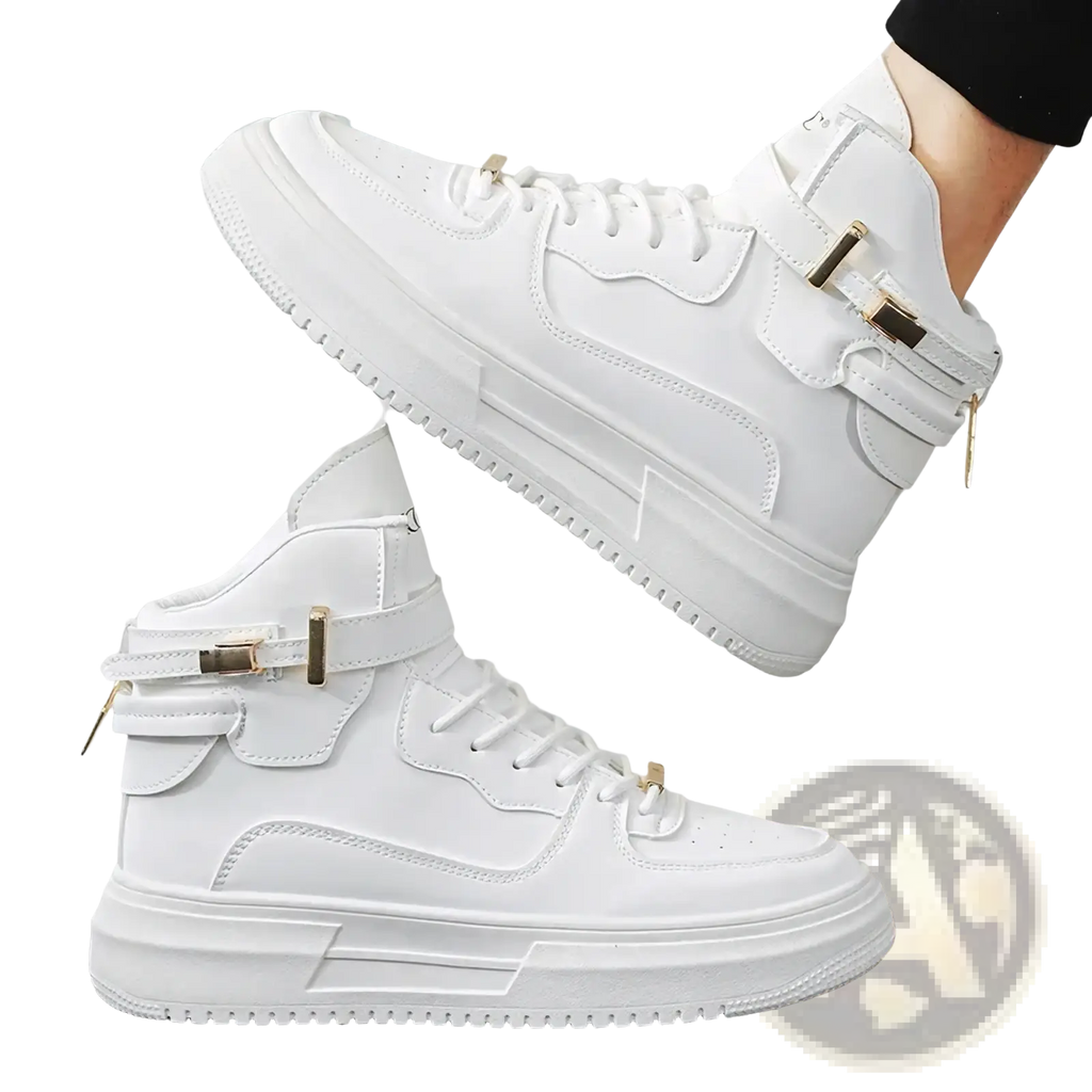 Men white high top sneakers featuring gold tone buckle accents and a chunky sole for stylish comfort