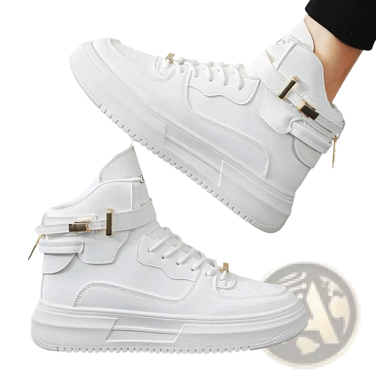 Men white high top sneakers featuring gold tone buckle accents and a chunky sole for stylish comfort