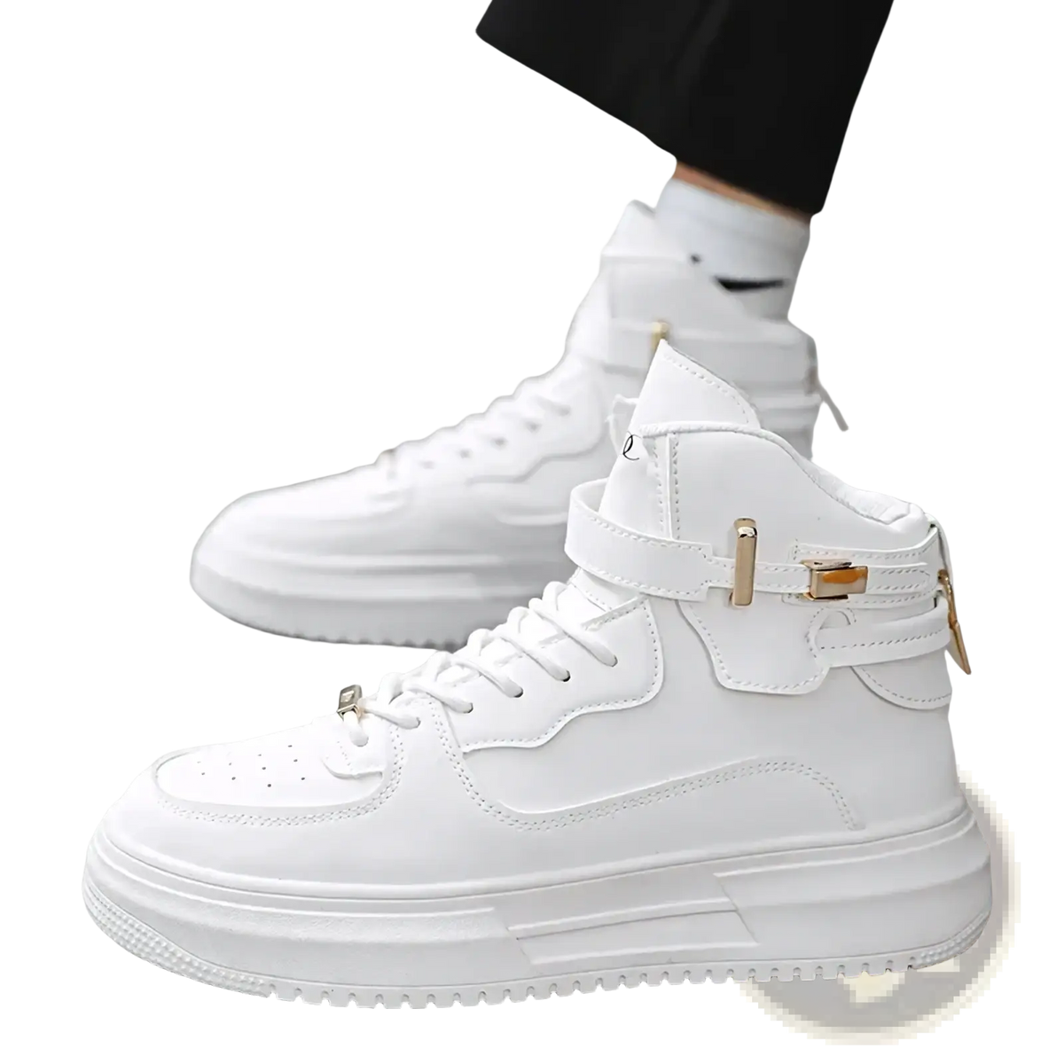 Men white high top sneakers with chunky sole and gold tone metal buckle accents for stylish casual wear