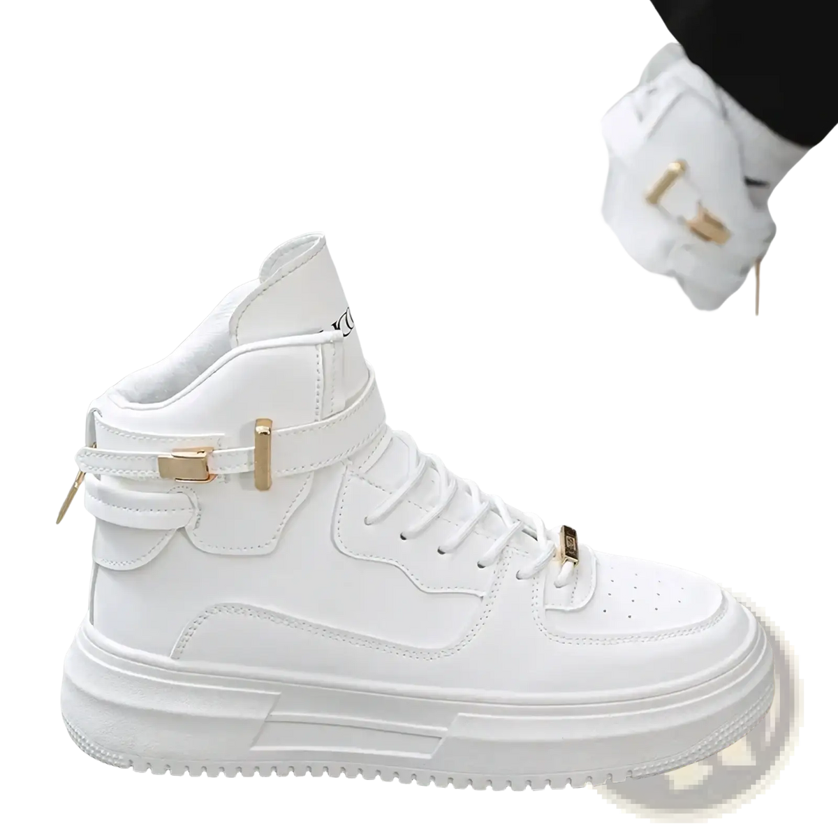 Men white high top sneakers with gold buckle and laces featuring sleek leather-like upper and chunky rubber sole