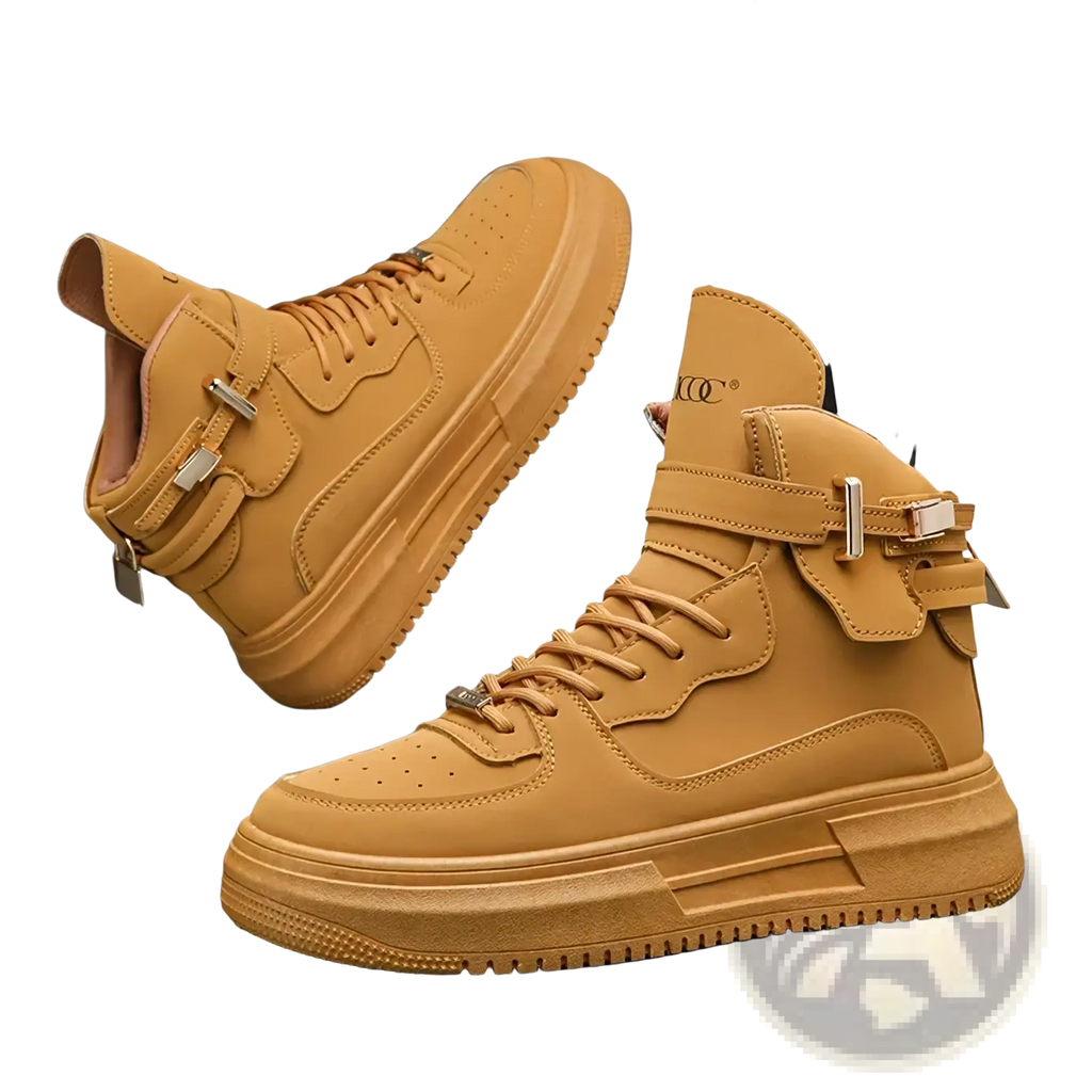 Men white high top sneakers with chunky gold buckle accents and tan leather upper for stylish casual wear
