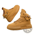 Men white high top sneakers with chunky gold buckle accents and tan leather upper for stylish casual wear