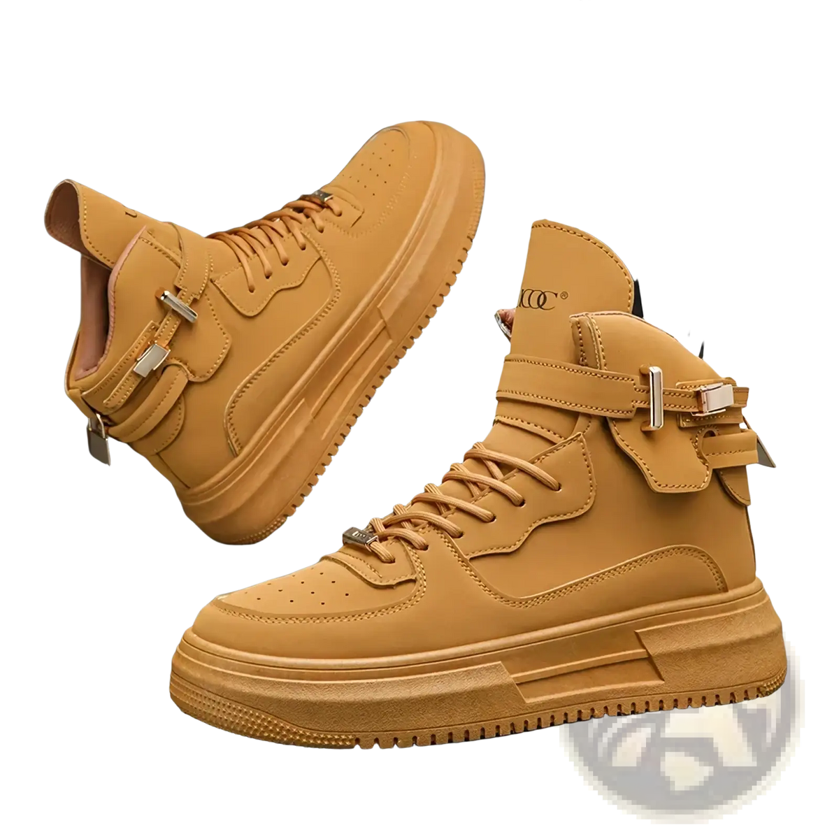Men white high top sneakers with chunky gold buckle accents and tan leather upper for stylish casual wear