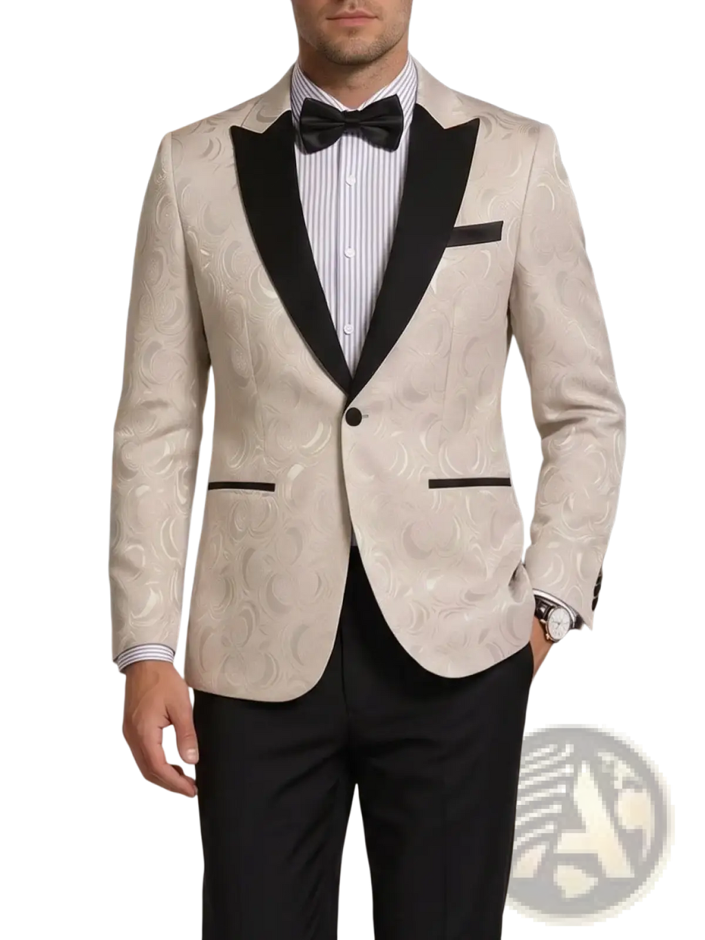 Men white jacquard tuxedo jacket slim fit blazer in cream with swirling pattern and black satin lapels