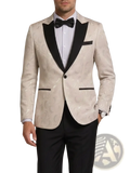Men white jacquard tuxedo jacket slim fit blazer in cream with swirling pattern and black satin lapels