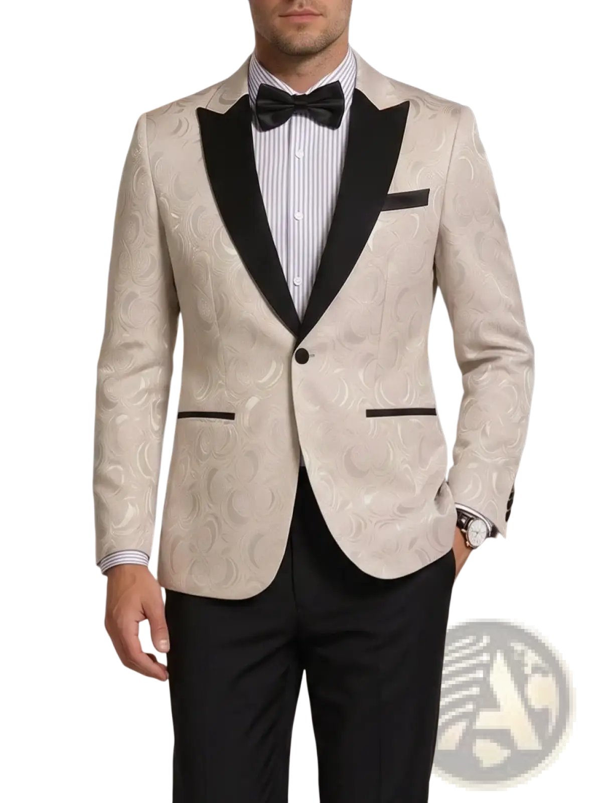 Men white jacquard tuxedo jacket slim fit blazer in cream with swirling pattern and black satin lapels