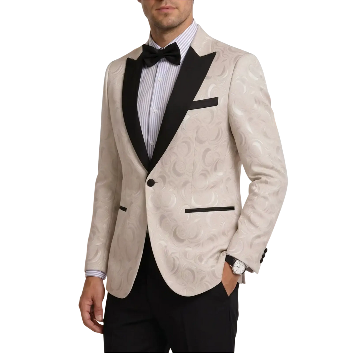 Men white jacquard tuxedo jacket slim fit blazer cream colored with subtle swirling pattern and black satin lapels