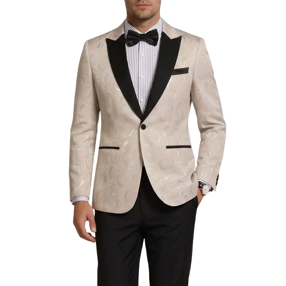 Men white jacquard tuxedo jacket slim fit blazer with cream color, subtle swirling pattern, and black satin lapels