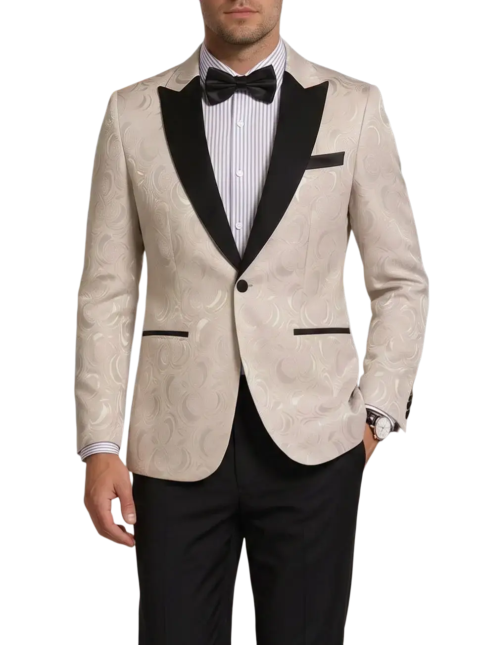 Men white jacquard tuxedo jacket slim fit blazer in cream with swirling pattern and black satin lapels