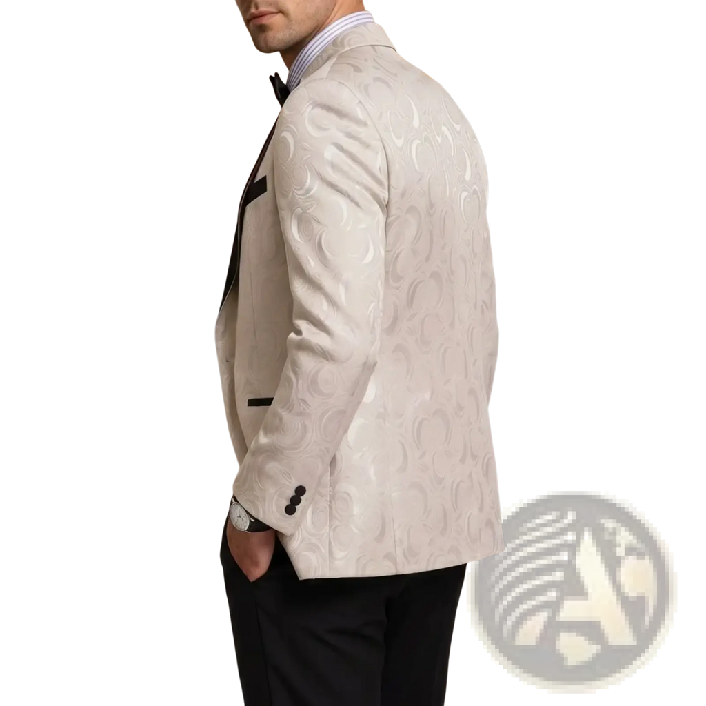 Men white jacquard tuxedo jacket slim fit cream-colored blazer with subtle raised circular pattern and black lapel trim