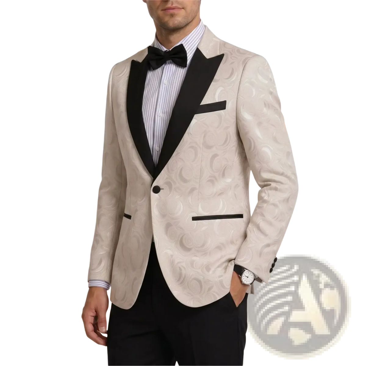 Men white jacquard tuxedo jacket slim fit blazer cream colored with subtle swirling pattern and black satin lapels