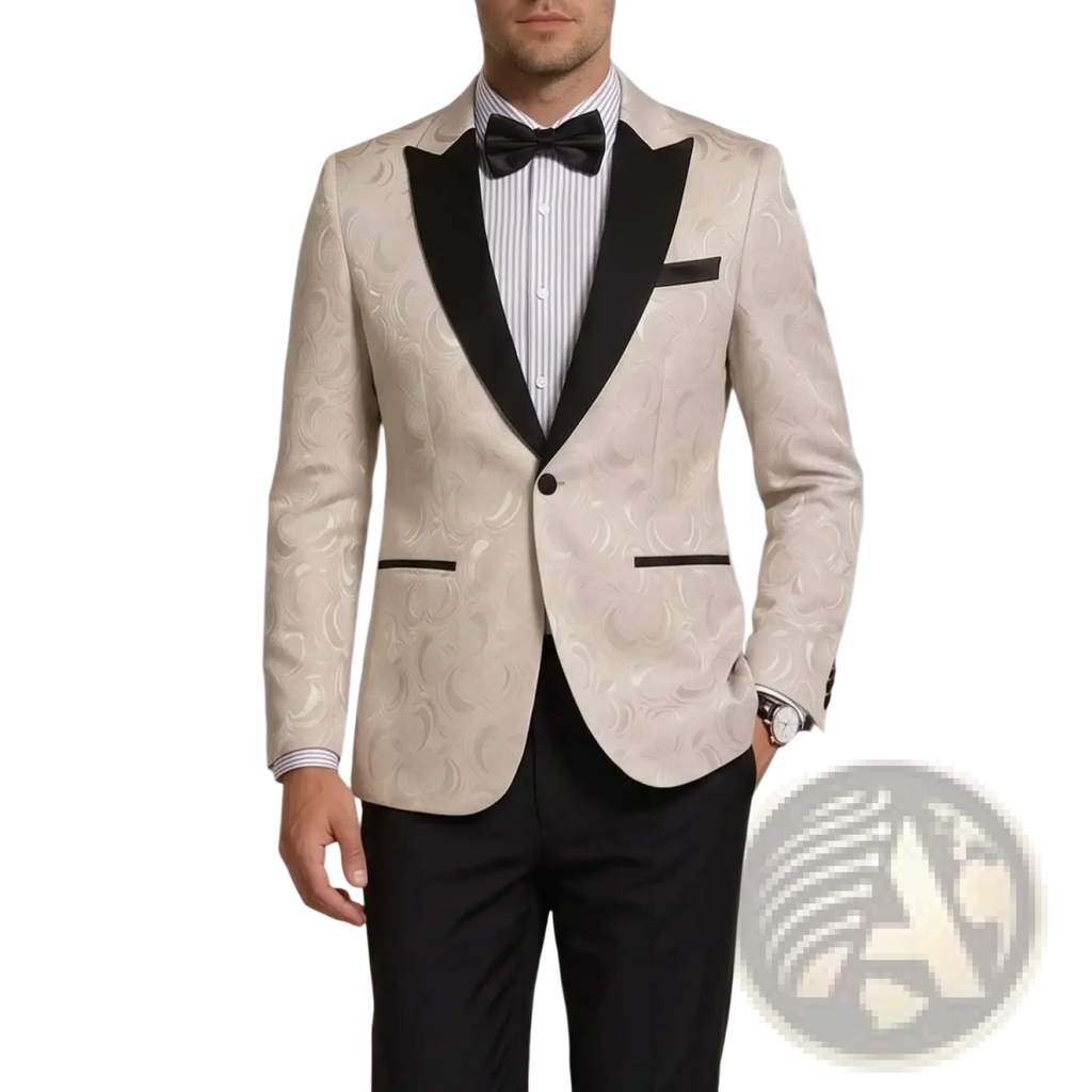 Men white jacquard tuxedo jacket slim fit blazer with cream color, subtle swirling pattern, and black satin lapels