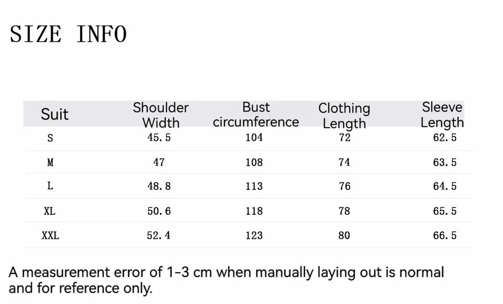 Size info table for men white jacquard tuxedo jacket slim fit blazer showing measurements in centimeters from S to XXL
