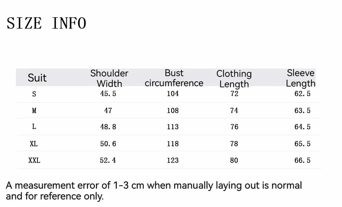 Size info table for men white jacquard tuxedo jacket slim fit blazer showing measurements in centimeters from S to XXL