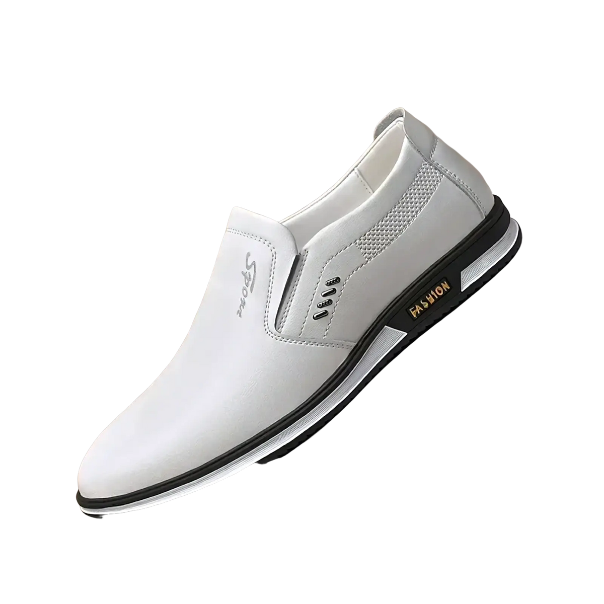 Men white leather casual slip-on shoe with black rubber sole and gold fashion branding on the side