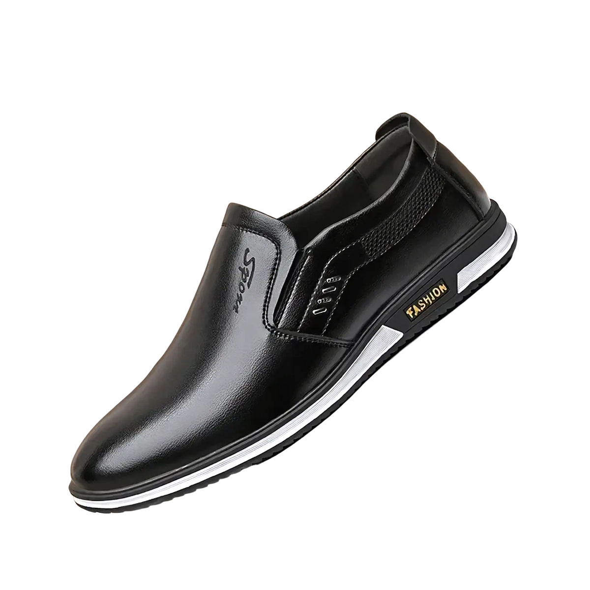 Men white leather casual slip-on shoe in black leather with white rubber sole and gold fashion branding on the side