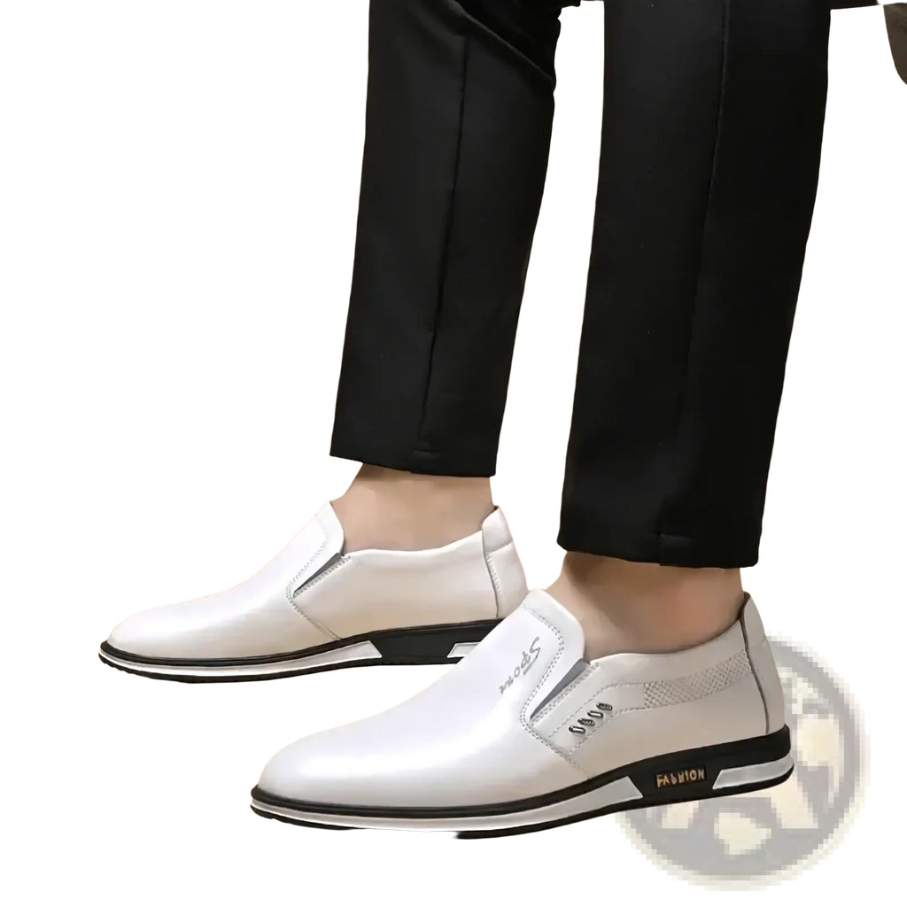 Men white leather casual slip-on shoes with black accents and a sleek modern design for everyday wear