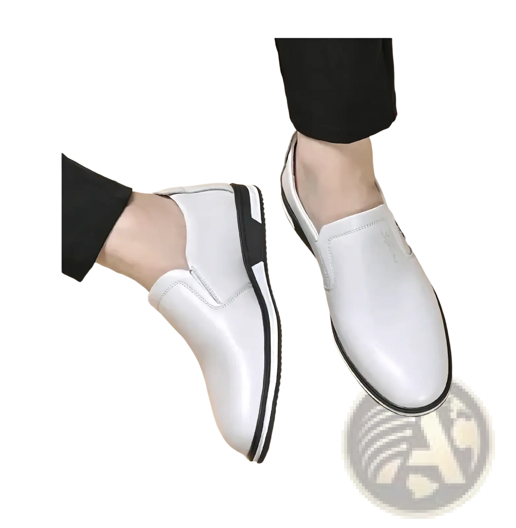 Men white leather casual slip-on shoes with black rubber soles featuring a sleek minimalist design